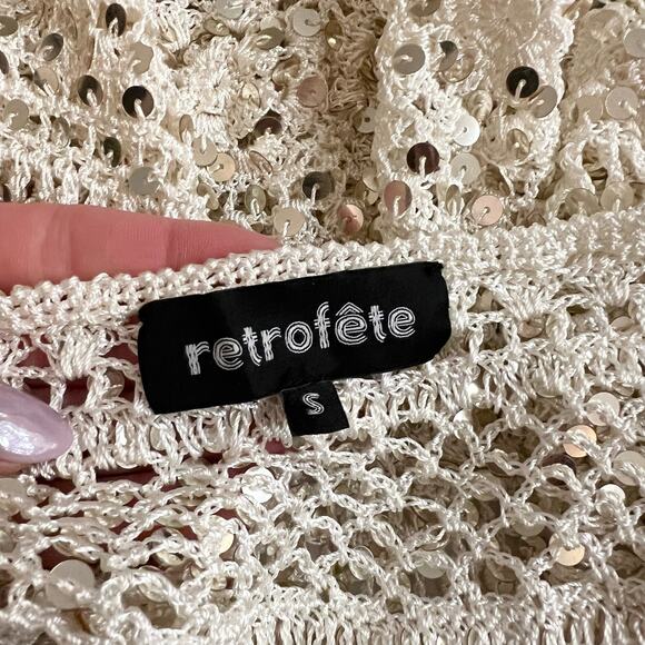 RETROFETE Sequined Crochet Bodysuit Beige Gold Tie Lined Sheer Knit S like new - Picture 7 of 7